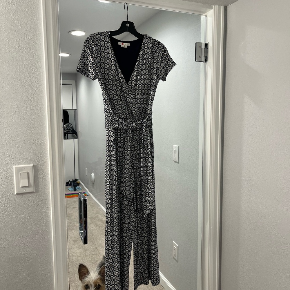 Boden Black and White Geo Jumpsuit with Tie Waist